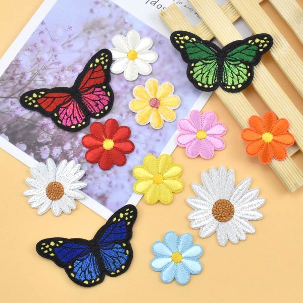 16 stk. Blomsterbroderi Applikation Applikation Sy-på Patches Butterf