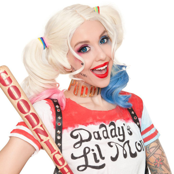 Comics- Harley Quinn peruk i polyester (Vuxen) Två täcken: ett rosa