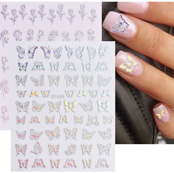 8 Ark Aurora Nagelstickers 3D Holografisk Laser Hjärta Stjärna Måne