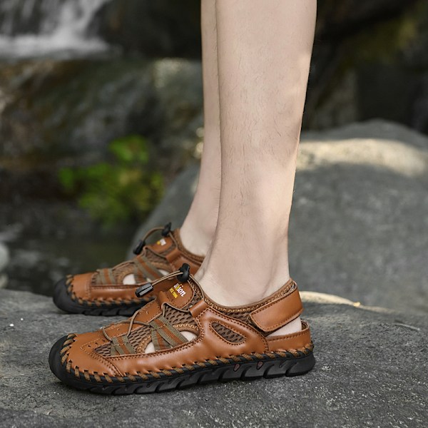 Sommarsandaler för män, Mode Lädersandaler, Handgjorda Sydda Utomhus Strand Sandaler i Nötskinn, 40, Brun Brown 40