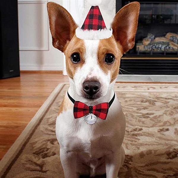 Julehunde Bandana Hat Sløjfe Sæt - Klassisk Plaid Kæledyrs Halstørklæde T