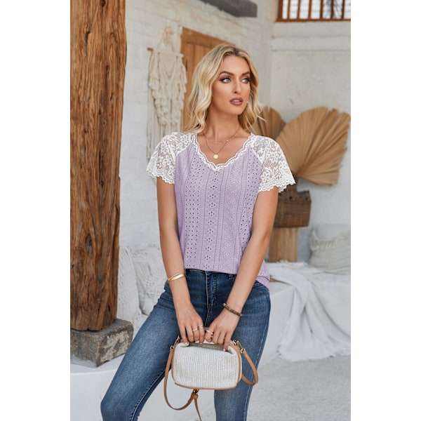Dam Blus Kort Ärm V-ringning Spetskant Enfärgad Trendig Andningsbar För Sommar (MPurple) Purple M