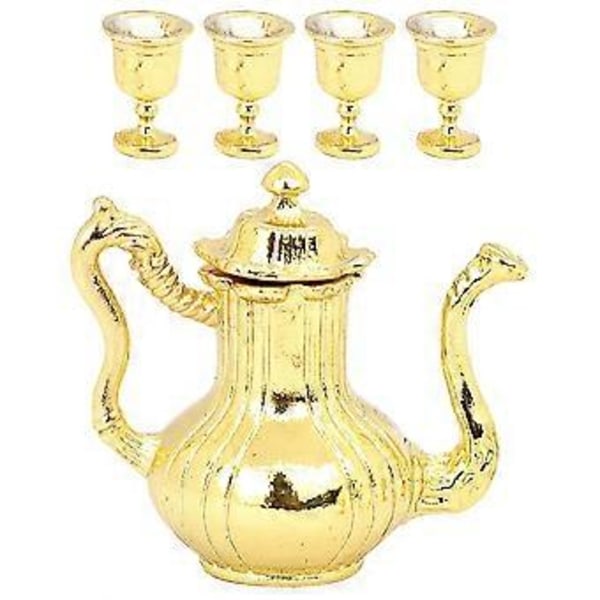 1 set Dockhus Miniatyr Tekopp Tekanna Set Miniatyr Tekittel Dockhus Tillbehör Golden