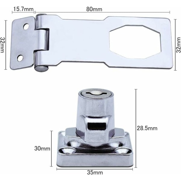 2 kappaletta ruostumattomasta teräksestä valmistettua lukittavaa haspia, 80 mm:n ovenpulttilukko
