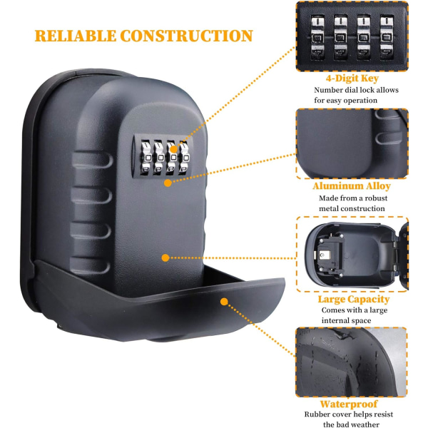 (Sort) Nøgleboks vægmonteret ny version, 4-cifret kombination