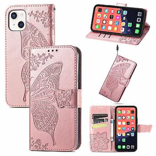 Fjäril Kärlek Blomma Läderfodral För iPhone 13 mini Rose Gold
