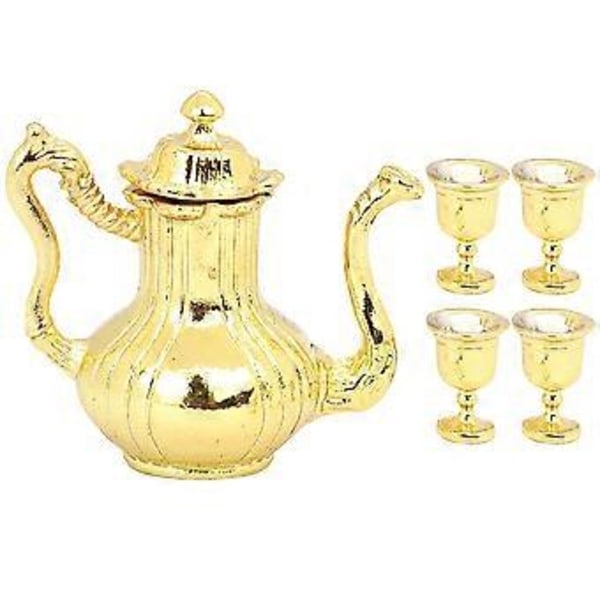 1 set Dockhus Miniatyr Tekopp Tekanna Set Miniatyr Tekittel Dockhus Tillbehör Golden