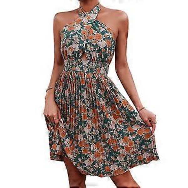 Halterneck Kjole Moderigtig Plisseret Hul Rem Design Ærmeløs Halter Kort Blomsterkjole