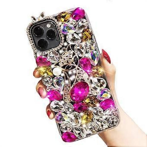 Kotelo yhteensopiva iPhone 13 Pro Max:n kanssa, 3D käsintehty ylellinen kiiltävä kristalli glitter strassi jalokivet kirkas kova PC-kotelo violetti B