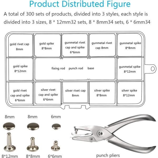 300 Set 3 Storlekar Läder Nitar Dubbelhatt Nitar Knappar Press S