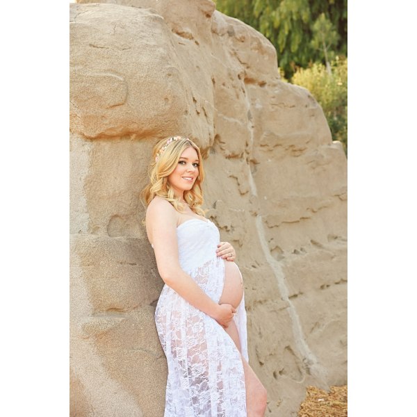Maternity Kjole Fotografering Rekvisita Blonder Stretchy Graviditet Lang Kjole for Gravide Kvinner for Fotografering Maternity Permisjon HVIT L