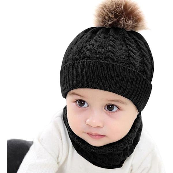 2PCS svart Toddler Baby Knit Hat Scarf, Termisk mjuk loop halsduk Un