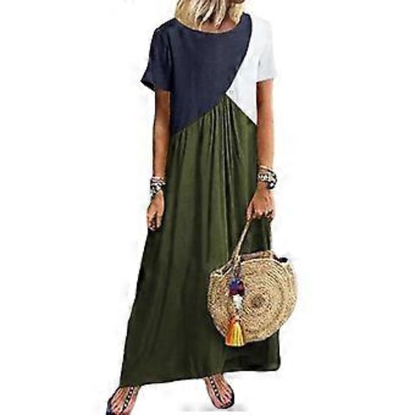 Dame Farveblok T-shirt Kjole Kortærmet Maxikjole Afslappet Løs Lang Maxikjole Strand Lang Kjole Swing Kjole Grøn XL Green XL