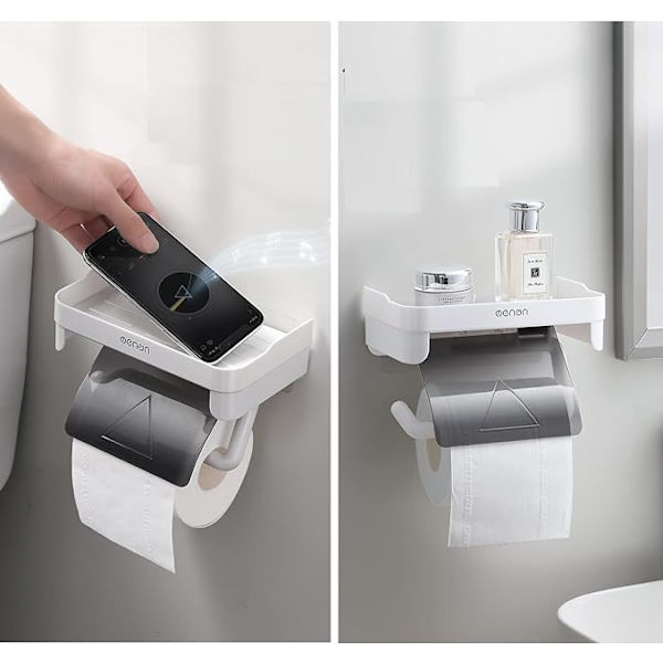 Toiletpapirholder uden boring, Toiletpapirholder med opbevaringsplads, Klæbende toiletrulleholder, Vægmonteret toiletpapirholder, Hvid ABS-materiale