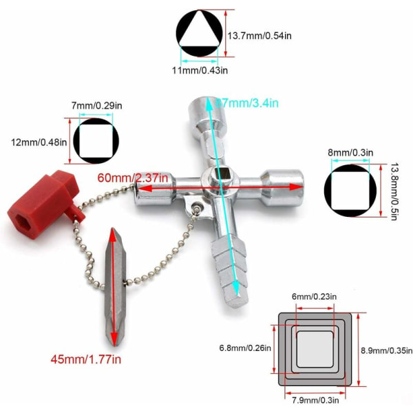 4-veis multifunksjonsnøkkel, praktisk universell skapnøkkel, universell kryssnøkkel for vann- og strømmålere, radiatorer, gassmålere, heiser (sølv)