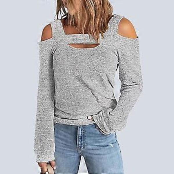 Dame Cold Shoulder Topp Cut Out Design Ensfarget Mote Langermet Bluse for Hjemmeshopping Grå M