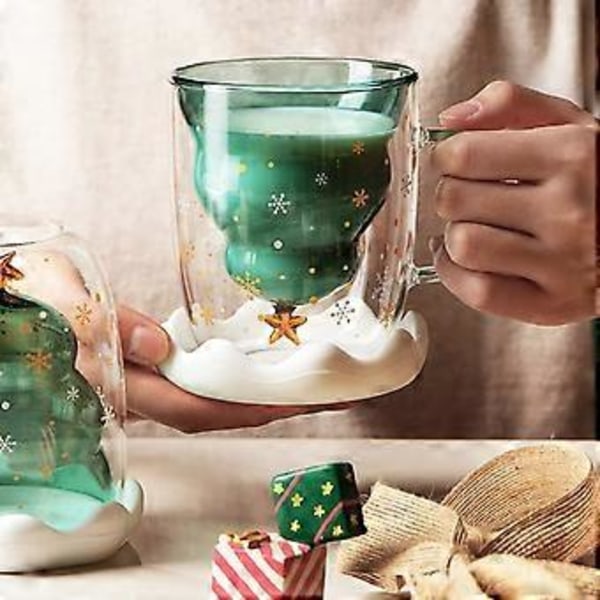 Jul-tema dubbelväggig isolerad glasmugg (med lock) - 300ml söt presentmugg, lämplig för kaffe och te