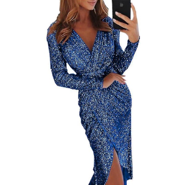 Elegant Sequined Glitter Party Dress Women V Neck Bodycon Glitter Long Sleeve Ladies Club Party Gown.XXXL.Blue