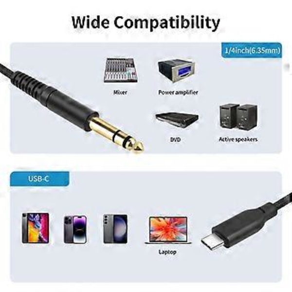 USB C - 6,35 mm:n TRS-sovitinkaapeli, tyyppi C - 6,35 mm:n (1/4\") TRS-kaapeli sähkökitaralle, rummulle, pituus 1 m / 2 m / 3,0 m 2m