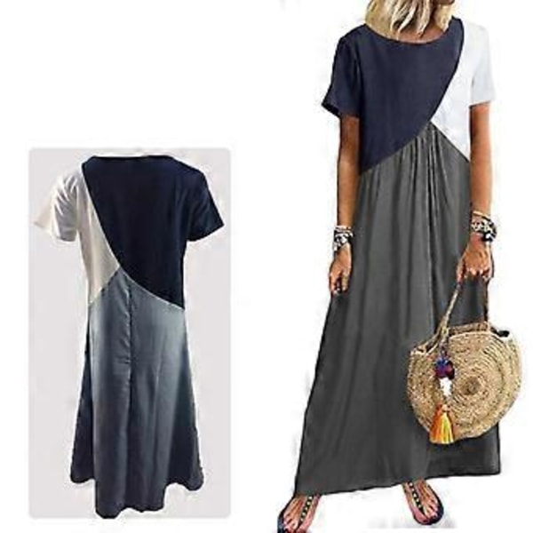 Dame Farveblok T-shirt Kjole Kortærmet Maxikjole Afslappet Løs Lang Maxikjole Strand Lang Kjole Swing Kjole Mørkegrå XXL Dark Grey XXL