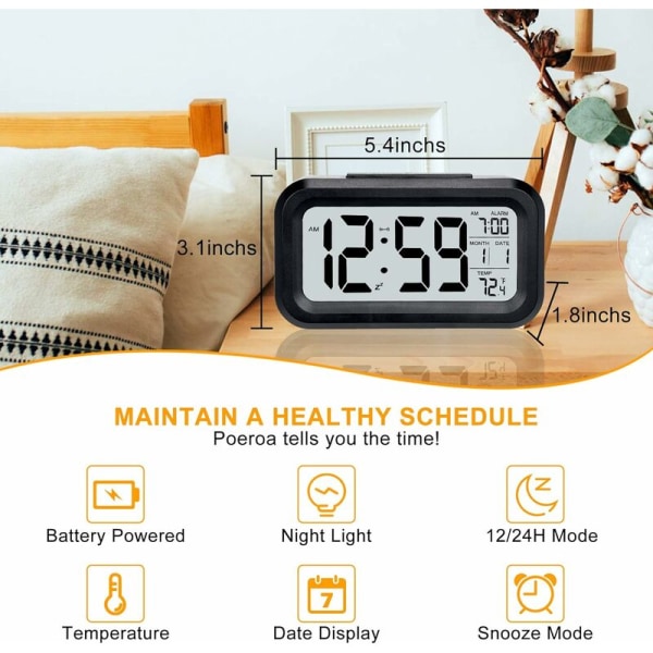 1 st svart digital väckarklocka, små batteridrivna skrivbordsklockor