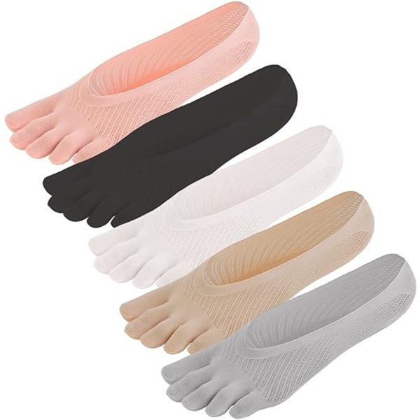 5 par unike femfinger-tå-sokker for kvinner, usynlige og sklisikre