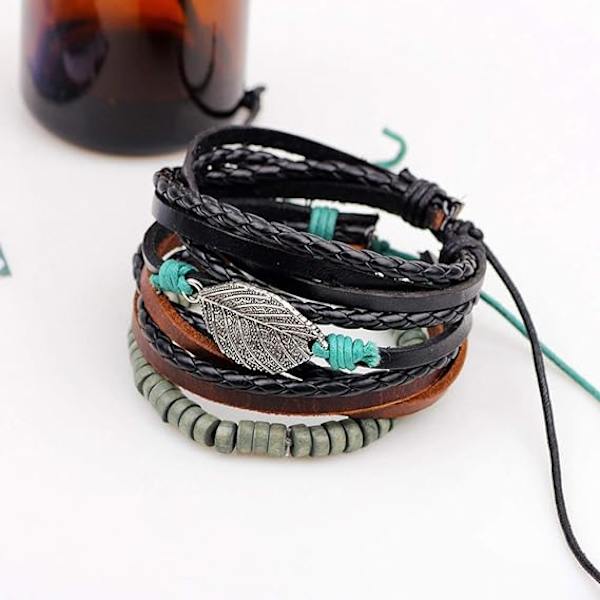 Herrar Armband Set Läder Flätad Pärlor Pack Justerbar