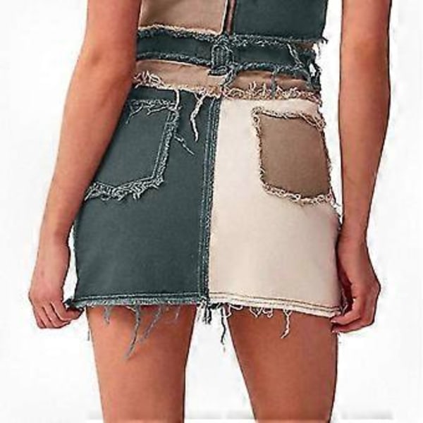 Naisten tyylikäs, puolivälissä oleva, väripilkullinen, revitty stretch-denimihame Green XS