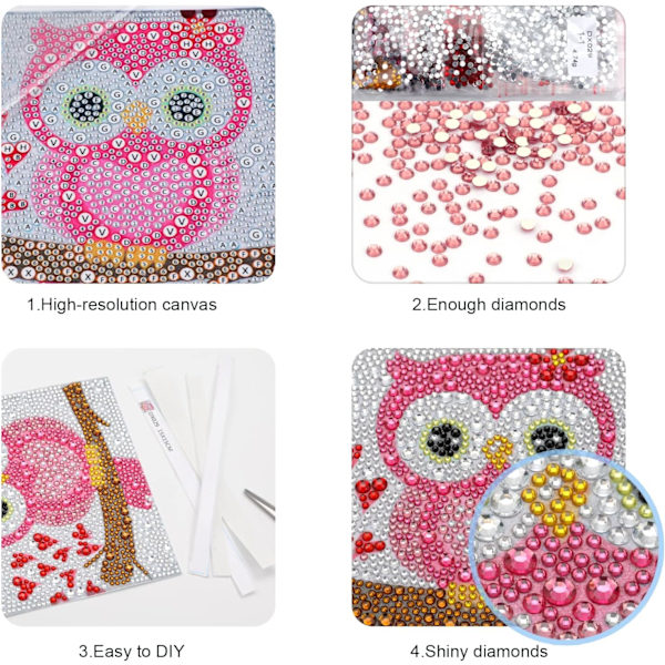 5D DIY Diamantmaling for Barn, Ugle Diamant Pasted Painti