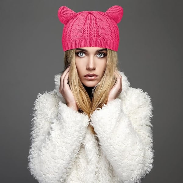 Cat Ear Beanie Hat-Rose Röd Söt Cat Stickad Hat Winter Knit Cab
