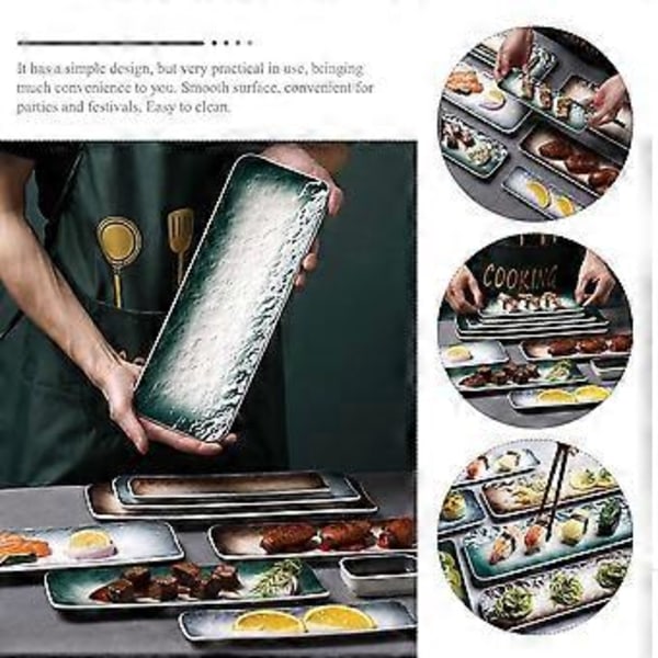2 stk. keramiske tallerkener i japansk stil, keramiske sushitallerkener, rektangulære snacktallerkener, serveringsfade