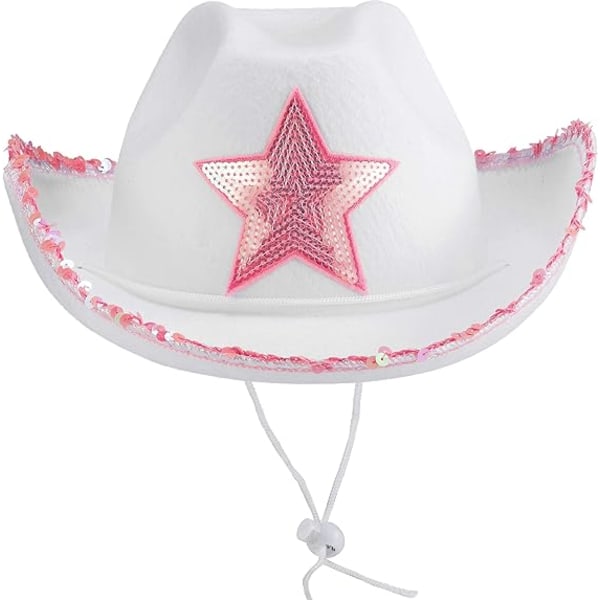 Vita cowgirlhattar - (1-pack) Rosa stjärna cowgirlhatt med paljett T