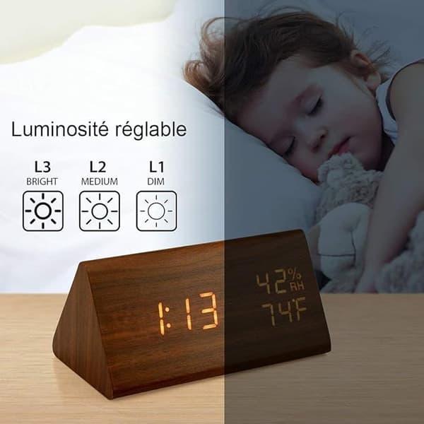 Väckarklocka i trä, (Vitt ljus) Digital LED-väckarklocka i trä