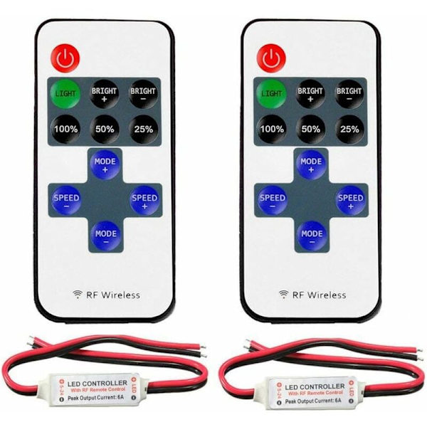 2-pack RF Mini Monokromatisk Controller med DC 11-tangenters Trådlös Fjärrkontroll för Dimbar 3528 5050 LED-remsa, 2-stifts Trådkontakt