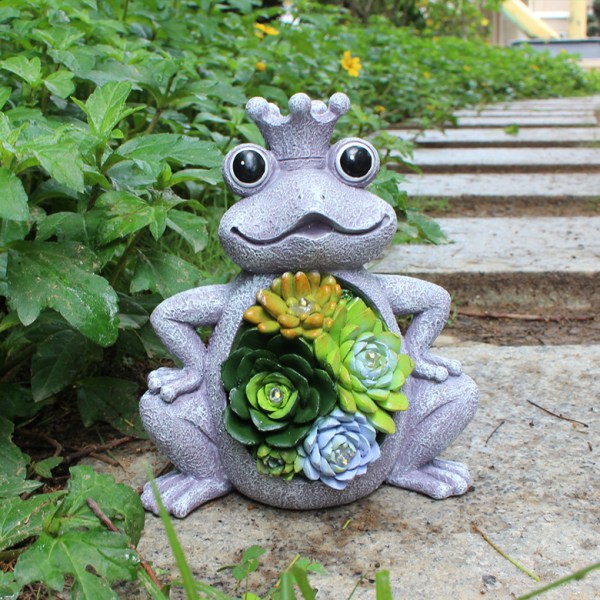 1 stk frosk solcellelys statue med krone, hageskulptur, hagedyrstatue, harpiks hagepynt, solcelledrevet solcellelys frosk