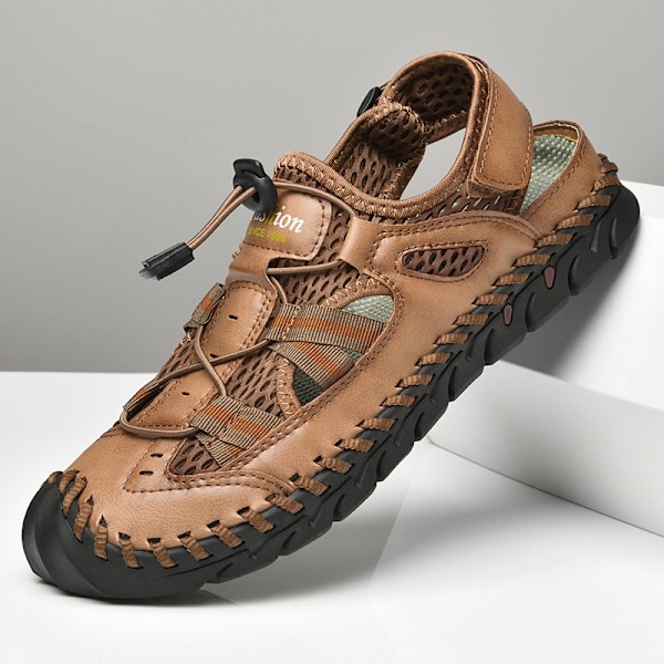Sommarsandaler för män, Mode Lädersandaler, Handsydda Utomhus Strand Sandaler i Nötskinn, 39, Gul Yellow 39