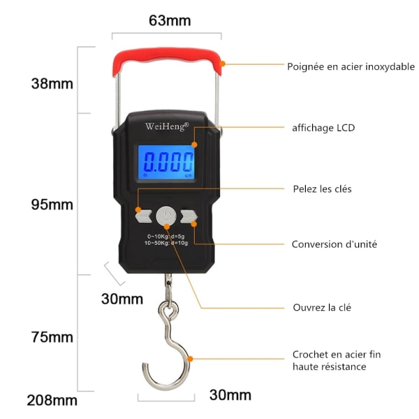 1 stk. hængende krogvægt, dobbelt præcision, LCD-baggrundsbelysning, 50 kg/5 g