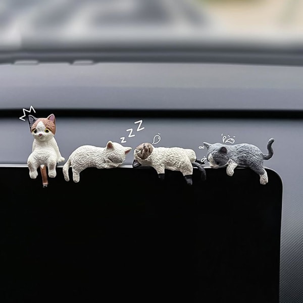 4 søte bildekorasjoner til bakspeilet, mini katter, for bildekorasjon, dashbord og prinsessebiltilbehør