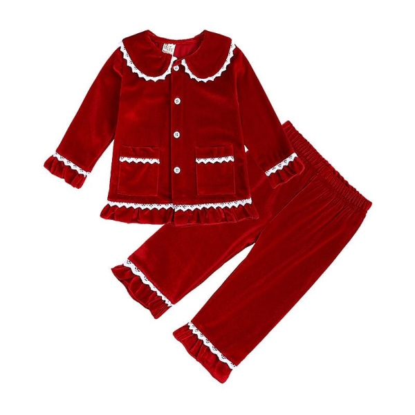 Nyt rødt jule familiesæt med varme pyjamaser til drenge og piger, gylden fløjl, matchende pyjamaser til børn. 140cm. B Rød Red B 140cm