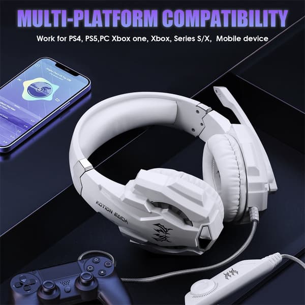 Headset, trådbundet PC-gamingheadset med LED-lampor för PS5, gamingheadset - vit White