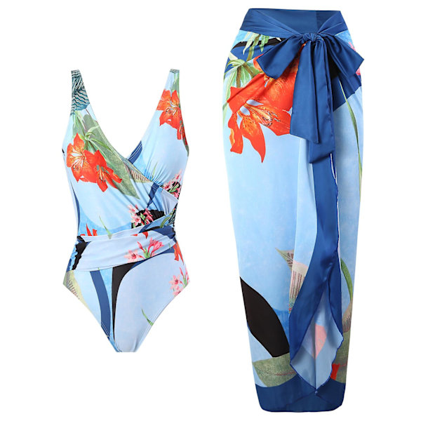 1 sæt kvinder monokini trykt strop rygløs polyester dame strand monokini.M.Blå