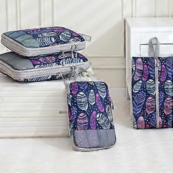 Pakke med 4 effektive kuffertorganiseringsposer med delikat print, kompressionsbagagekuber til pladsbesparende rejser 4