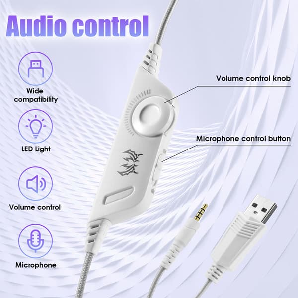 Headset, trådbundet PC-gamingheadset med LED-lampor för PS5, gamingheadset - vit White