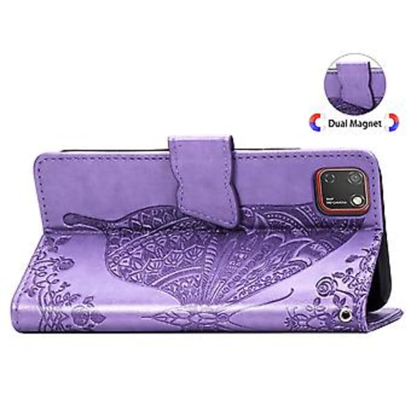 För Huawei Y5P 2020 Fjäril Kärlek Blomma Präglat Horisontellt Flip Läderfodral med Ställ / Kortplats / Plånbok / Snodd Light Purple