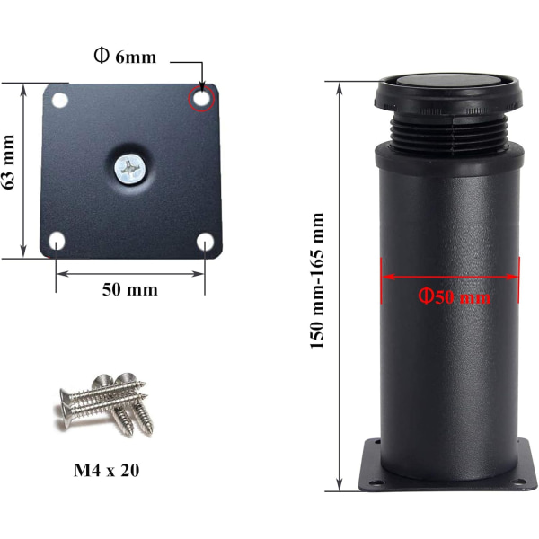 4 Justerbare Sorte Ben 150mm Høyde Tykke Skapben Bord L