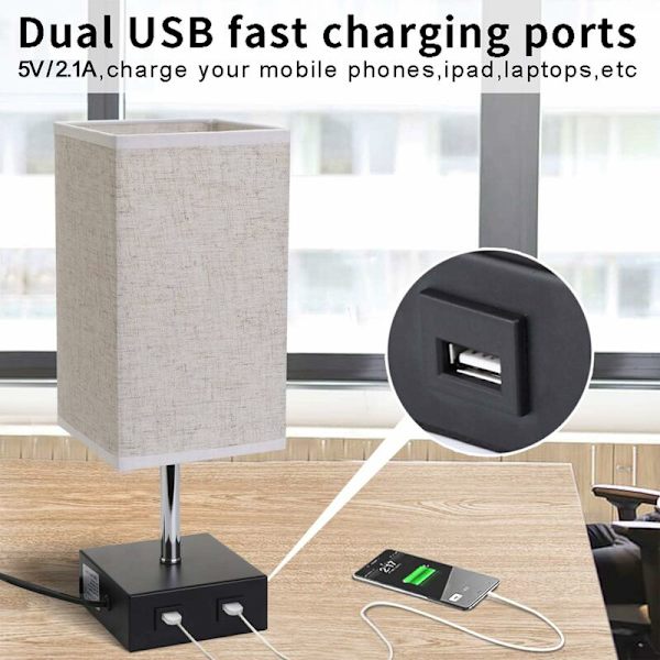 Dimbar nattbordslampe med 2 USB-porter og E27-pære, beige stoffskjerm