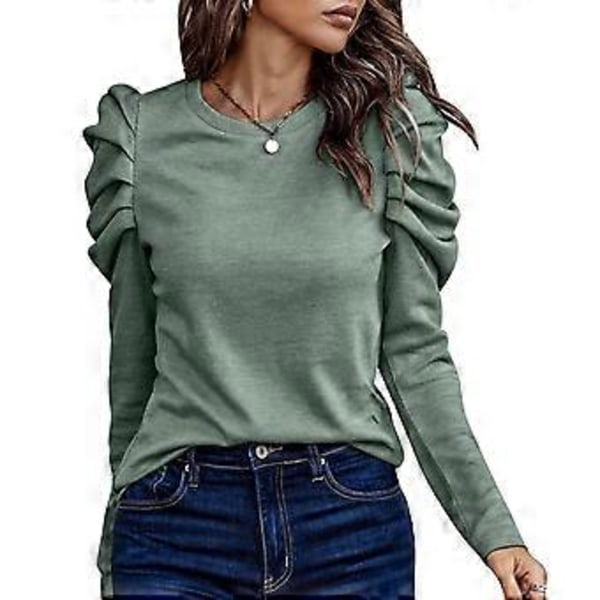 Dame Puff Langermet Topp Rund Hals Knappdekorasjon Løs Passform Casual Pullover Bluse Grønn XXL