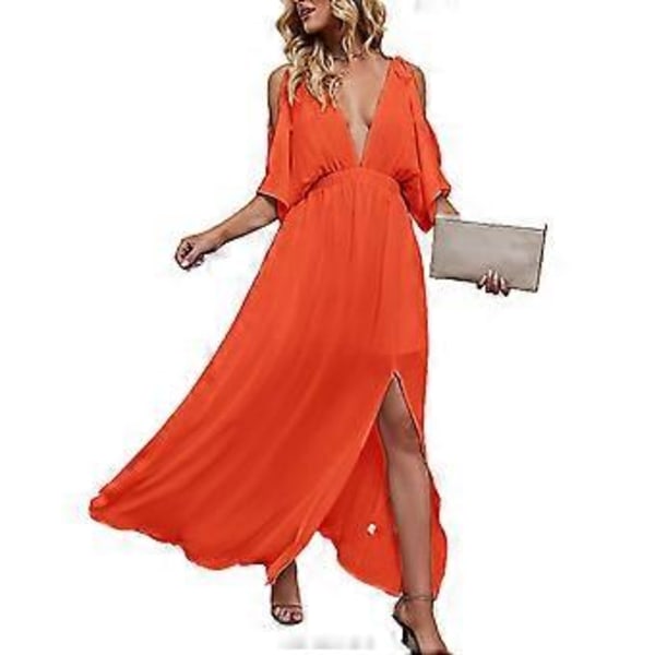 Lang kjole til kvinder, dyb V-hals, let chiffon, høj slids, elegant sommerkjole til kvinder