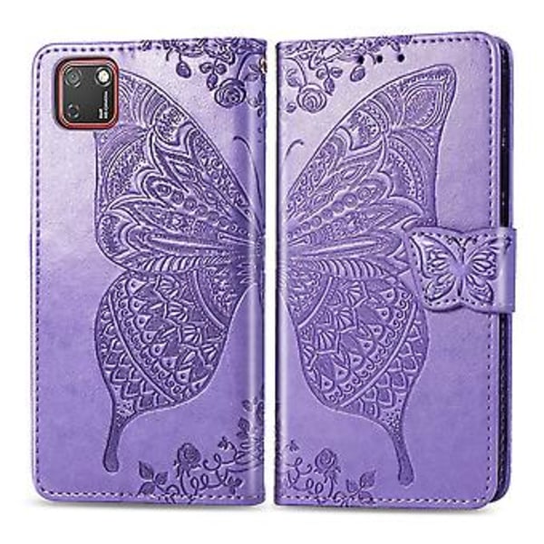 För Huawei Y5P 2020 Fjäril Kärlek Blomma Präglat Horisontellt Flip Läderfodral med Ställ / Kortplats / Plånbok / Snodd Light Purple