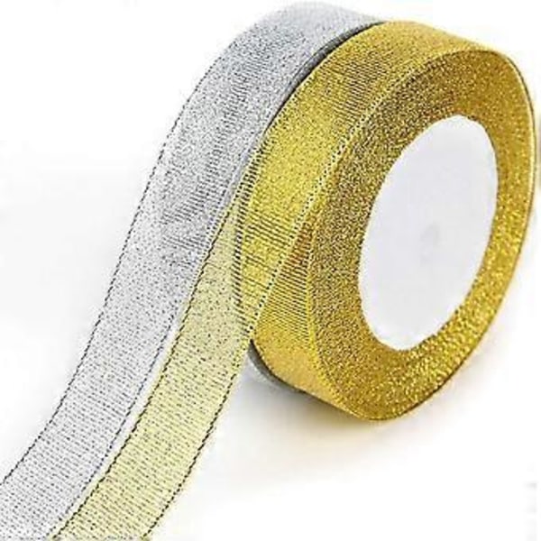 G2PLUS 2 Rullar Presentband Guld och Silver, 22m Satinband Band för Hantverk, Rosettband Dekorationsband för Bröllop, Jul, Present, Dekoration